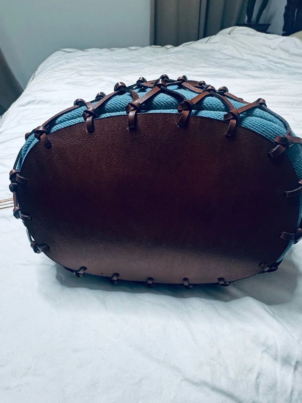 Blue Canvas Crossbody Bag with Brown Lattice Trim